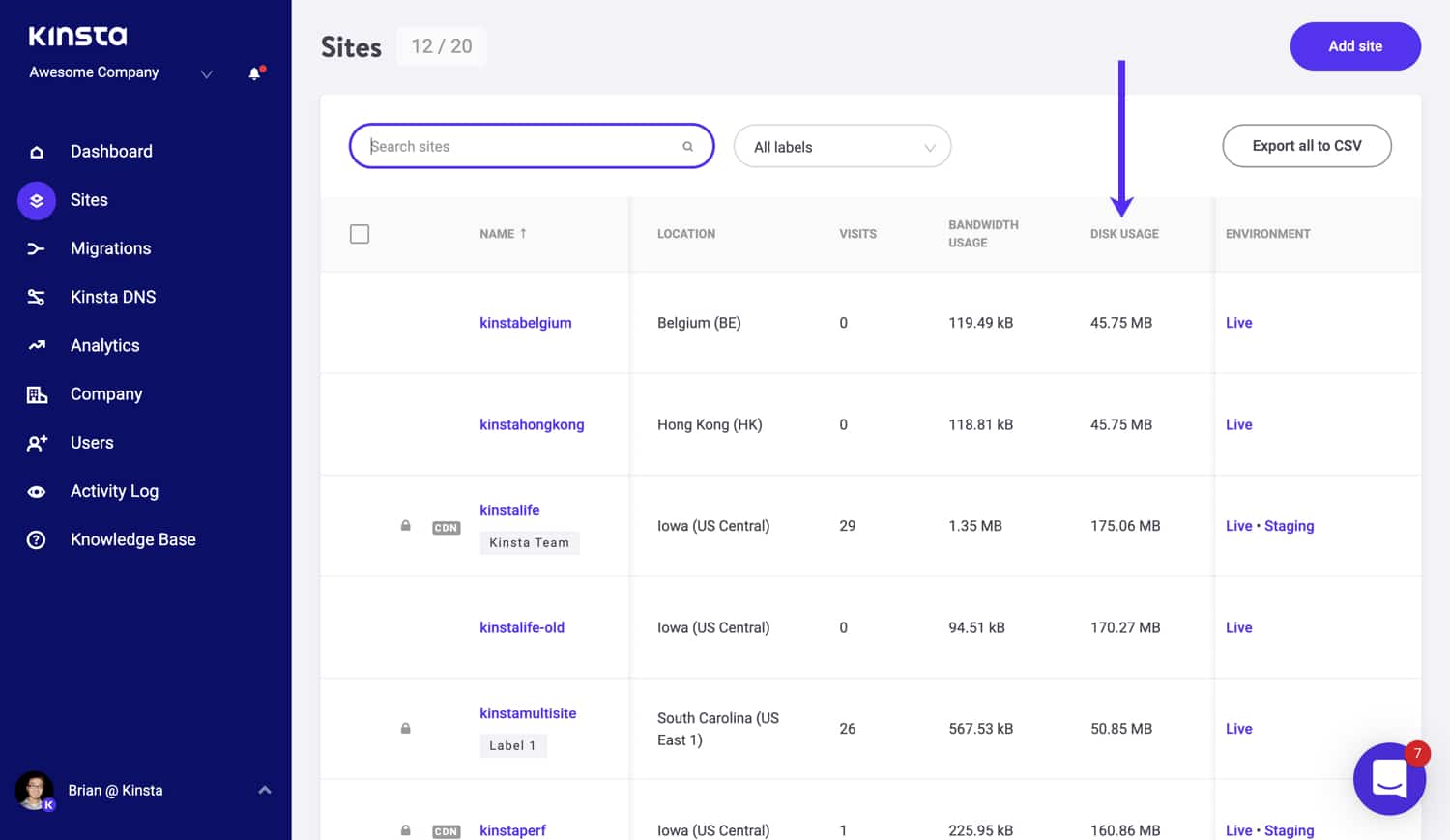 Finde deine Festplattennutzung in MyKinsta.