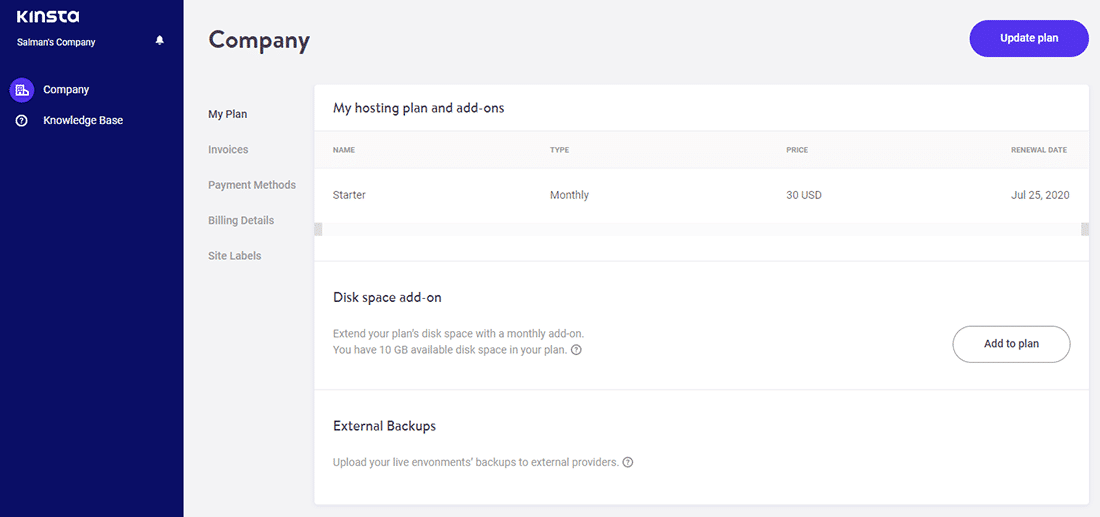 Das 'Firmenabrechnung'-Dashboard in MyKinsta