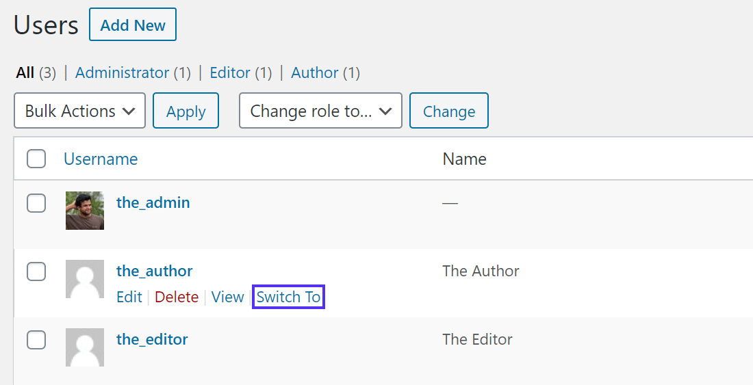 Klicke auf den Link 'Switch To', um zum gewünschten Benutzer zu wechseln.