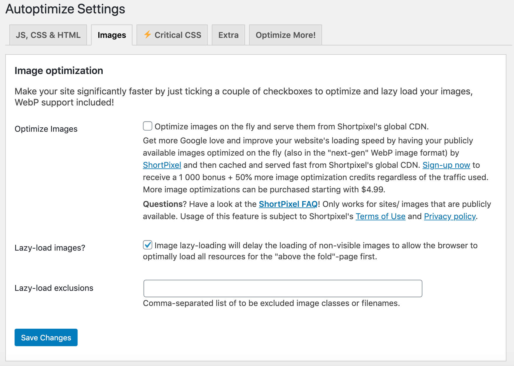 Lazy Loading Einstellungen in Autoptimize