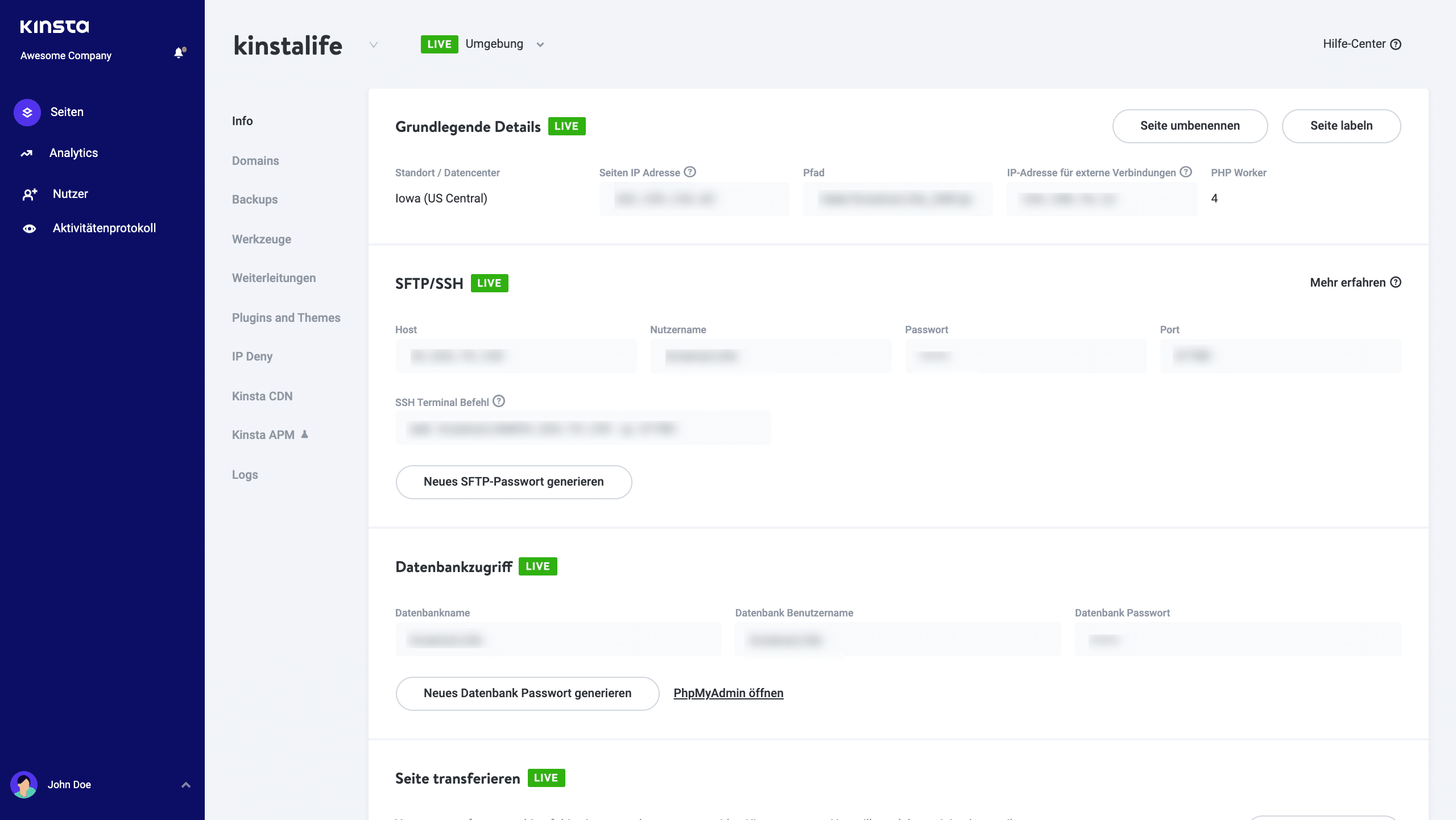 Das 'Seitenadministrator'-Dashboard in MyKinsta