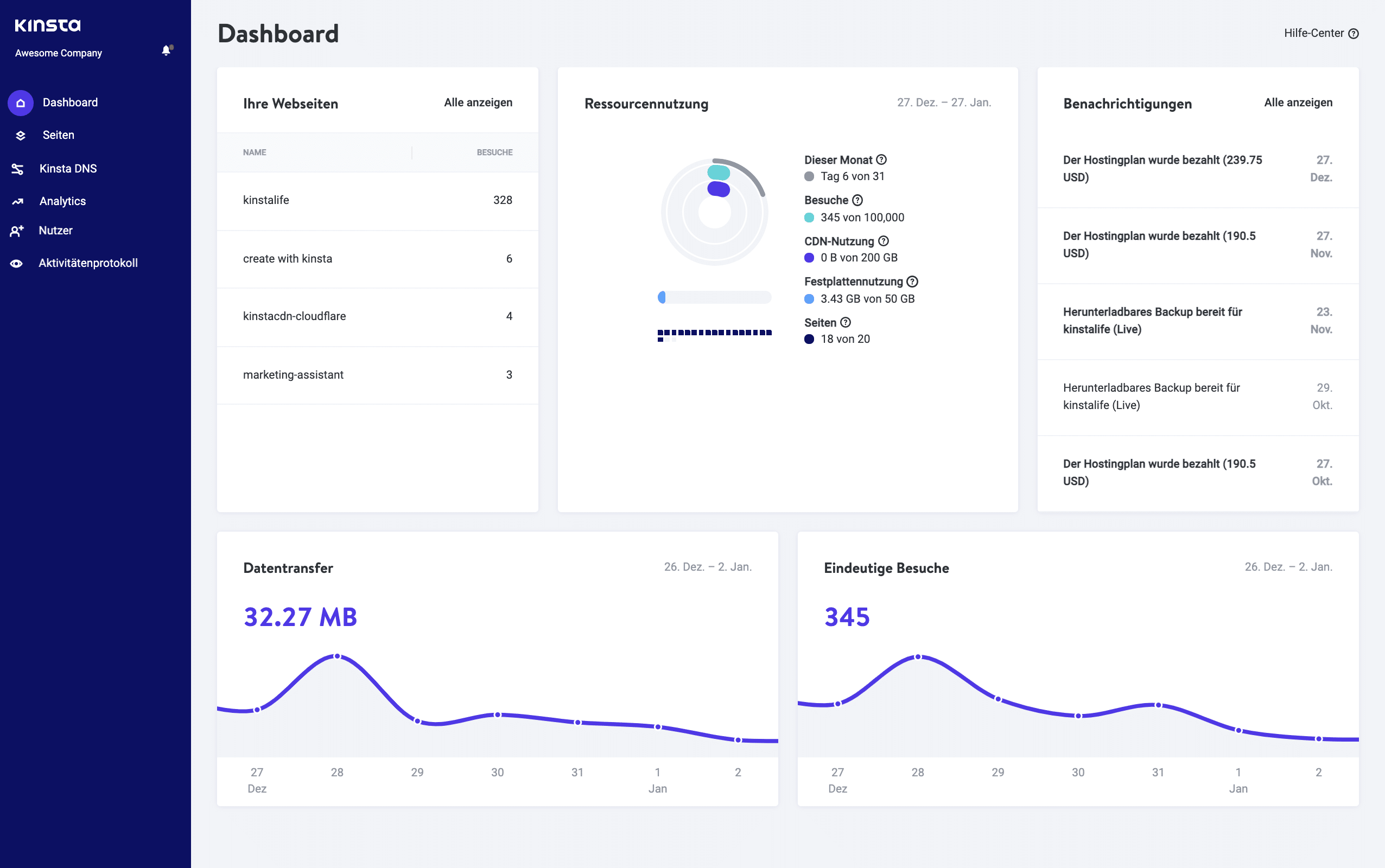 Das 'Firmenentwickler'-Dashboard in MyKinsta