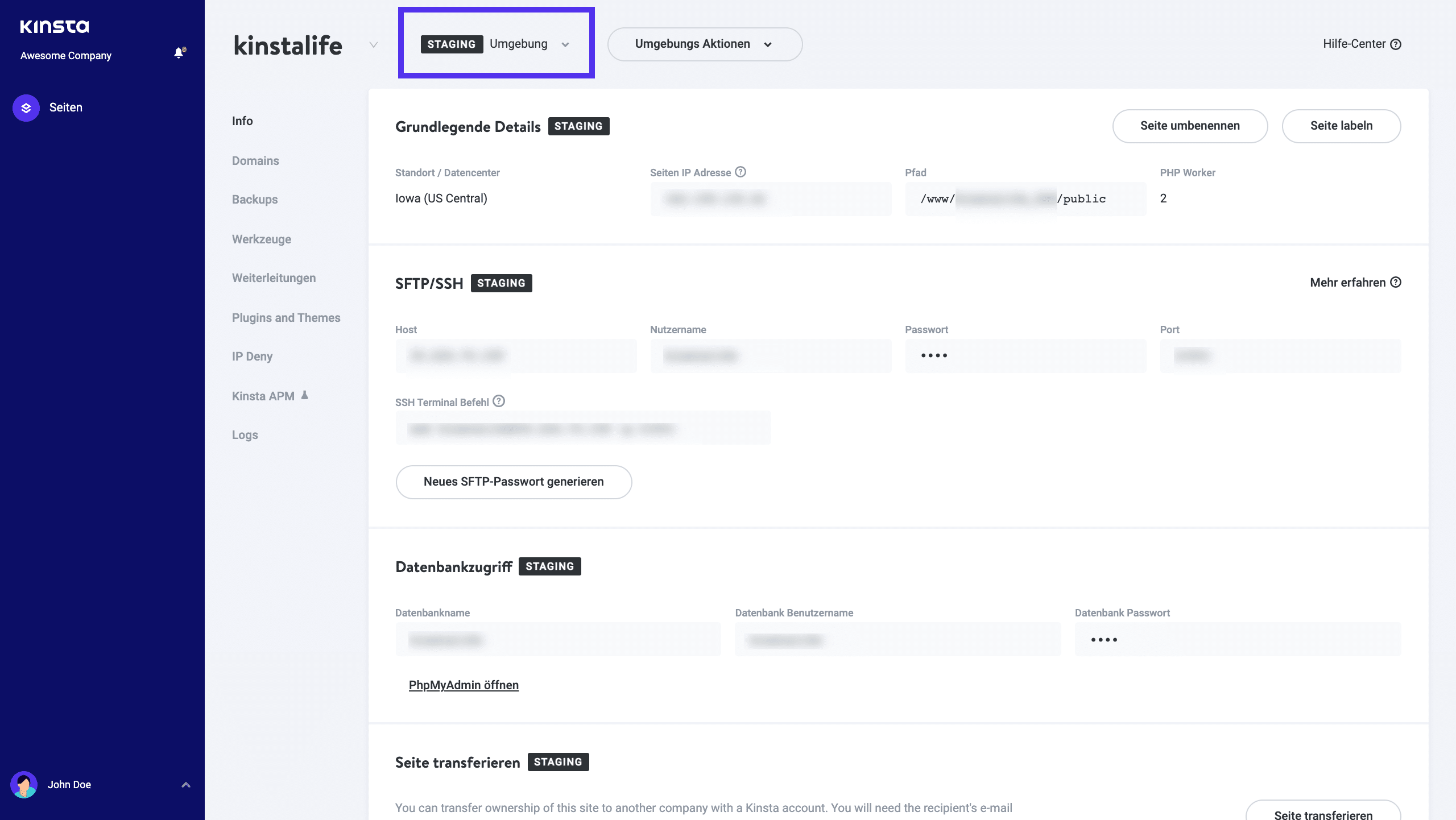 Seitenentwickler können auf die Staging-Umgebung für die zugewiesene Webseite zugreifen