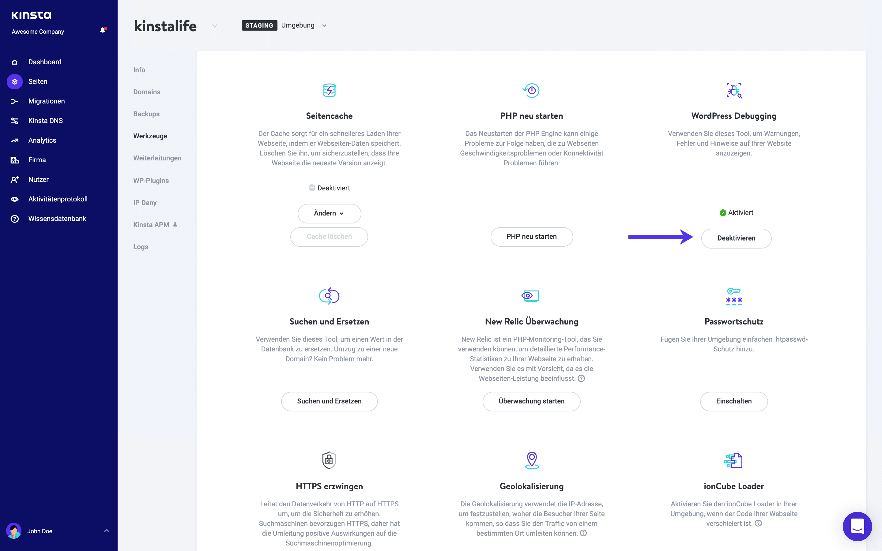 Deaktiviere den WordPress-Debug-Modus in MyKinsta.