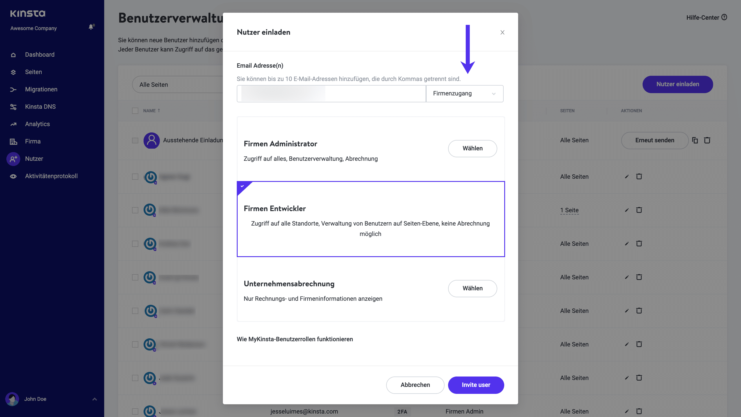 Auswahl des Rollentyps, wenn du einen Benutzer zu MyKinsta einlädst