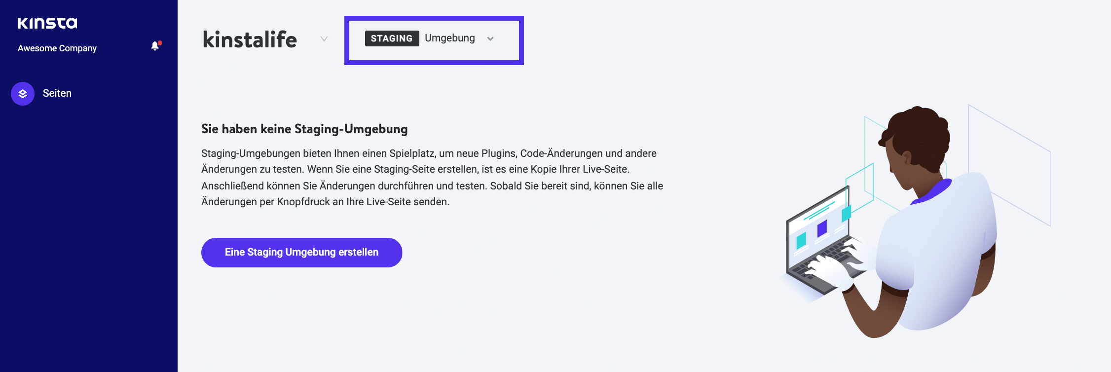 Das 'Seitenentwickler'-Dashboard in MyKinsta