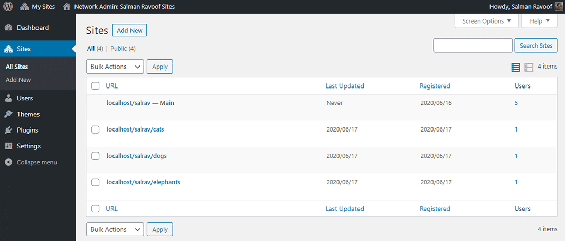 Das Panel 'Webseiten' in einem WordPress Multisite-Netzwerk