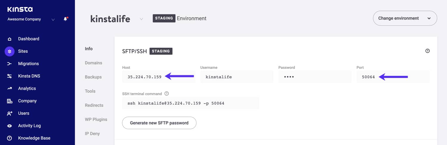 SFTP Host- und Port-Details für deine Staging-Umgebung.