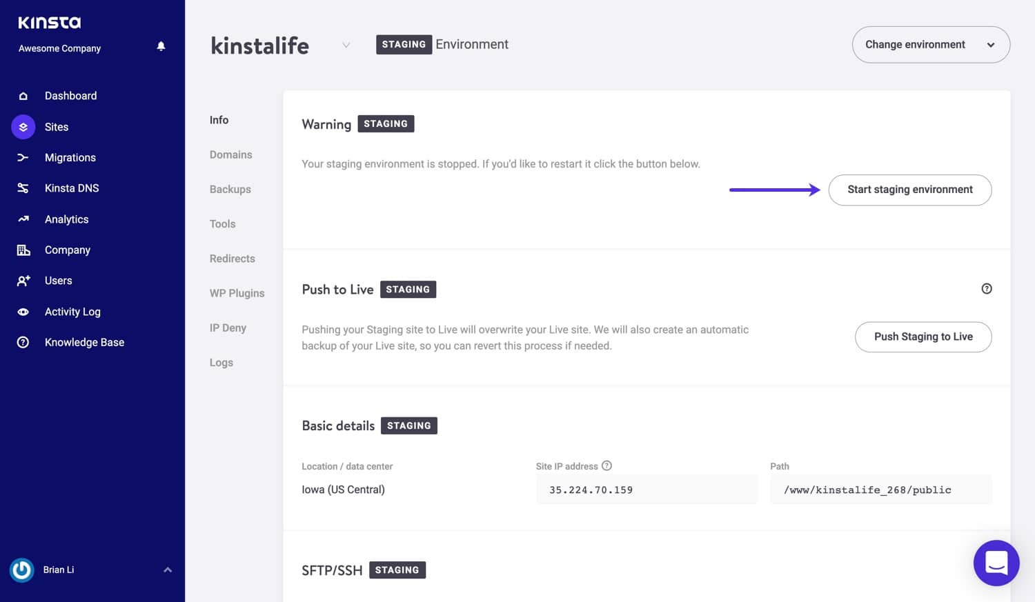 Starte deine Staging-Umgebung in MyKinsta neu
