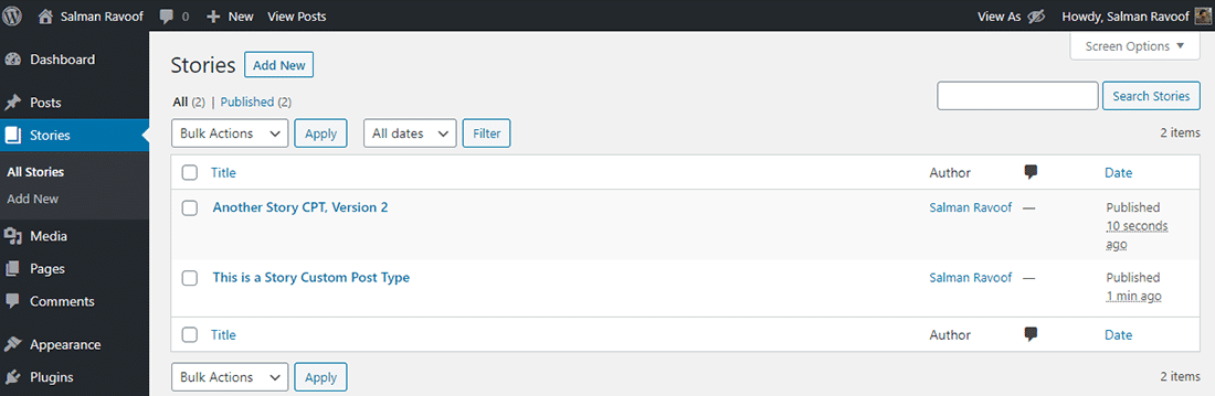 Das 'Stories'-Panel im WordPress-Dashboard