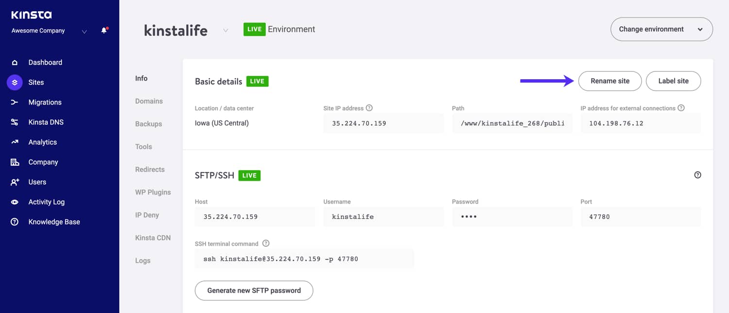 Umbenennung und Beschriftung von Webseiten in MyKinsta.