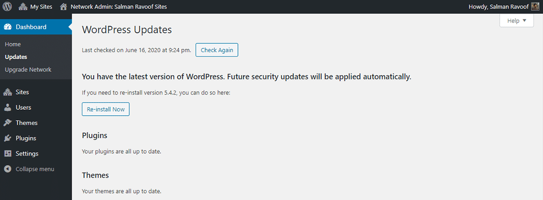 The 'Updates' panel in Network Admin dashboard