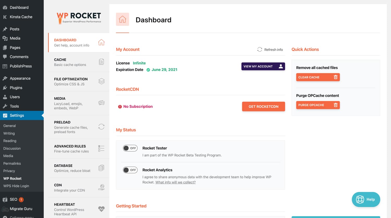 WP Rocket's Hauptdashboard.