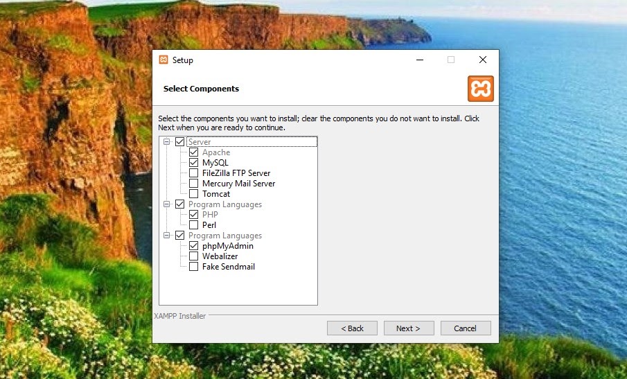 Der XAMPP-Einrichtungsbildschirm für Komponenten