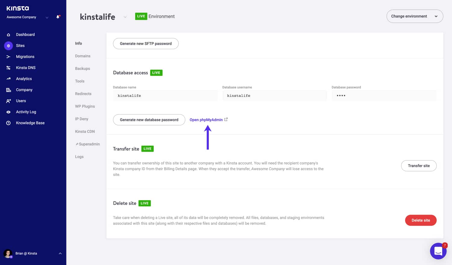 Zugriff auf PHPMyAdmin in MyKinsta.