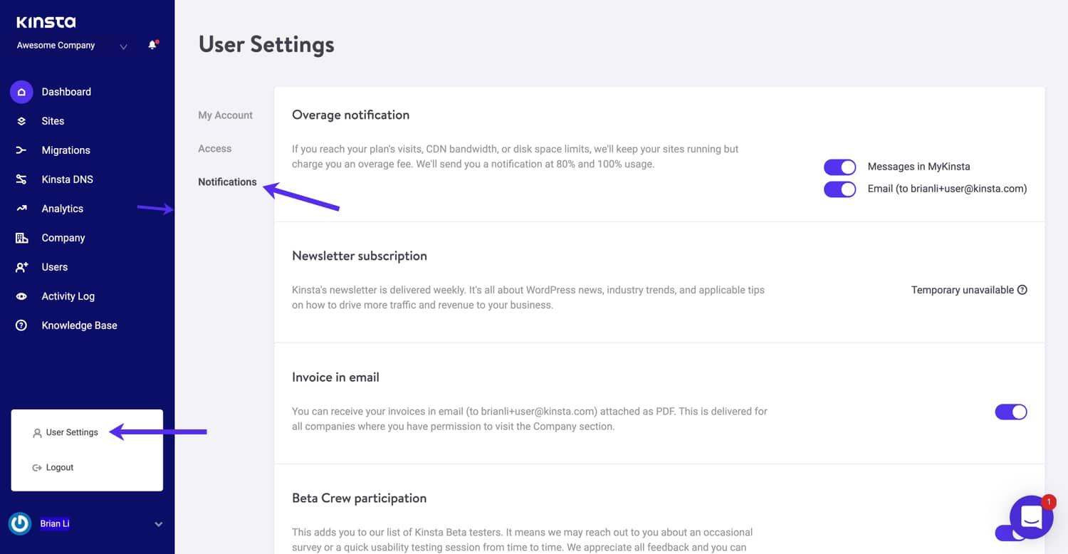 Benachrichtigungen in MyKinsta.