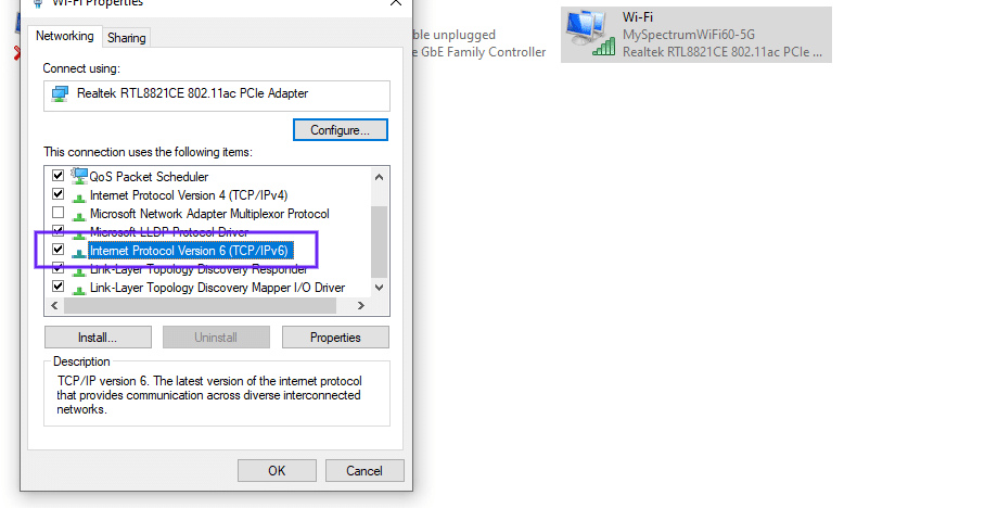 Internetprotokoll Version 6 (TCP/IPv6) in Windows-Netzwerkverbindungen