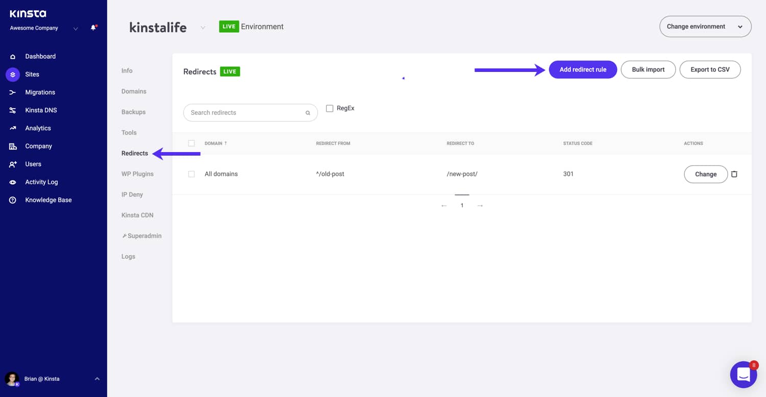 Wie richte ich Weiterleitungen von meinem Kinsta-Dashboard ein
