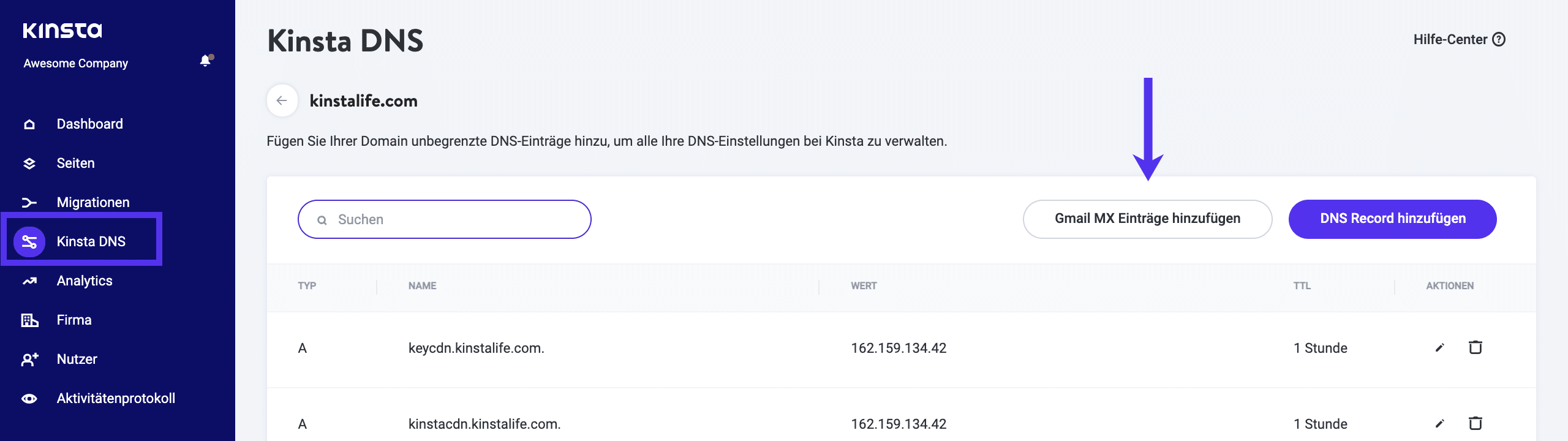 Einfaches Hinzufügen von MX-Einträgen über MyKinsta