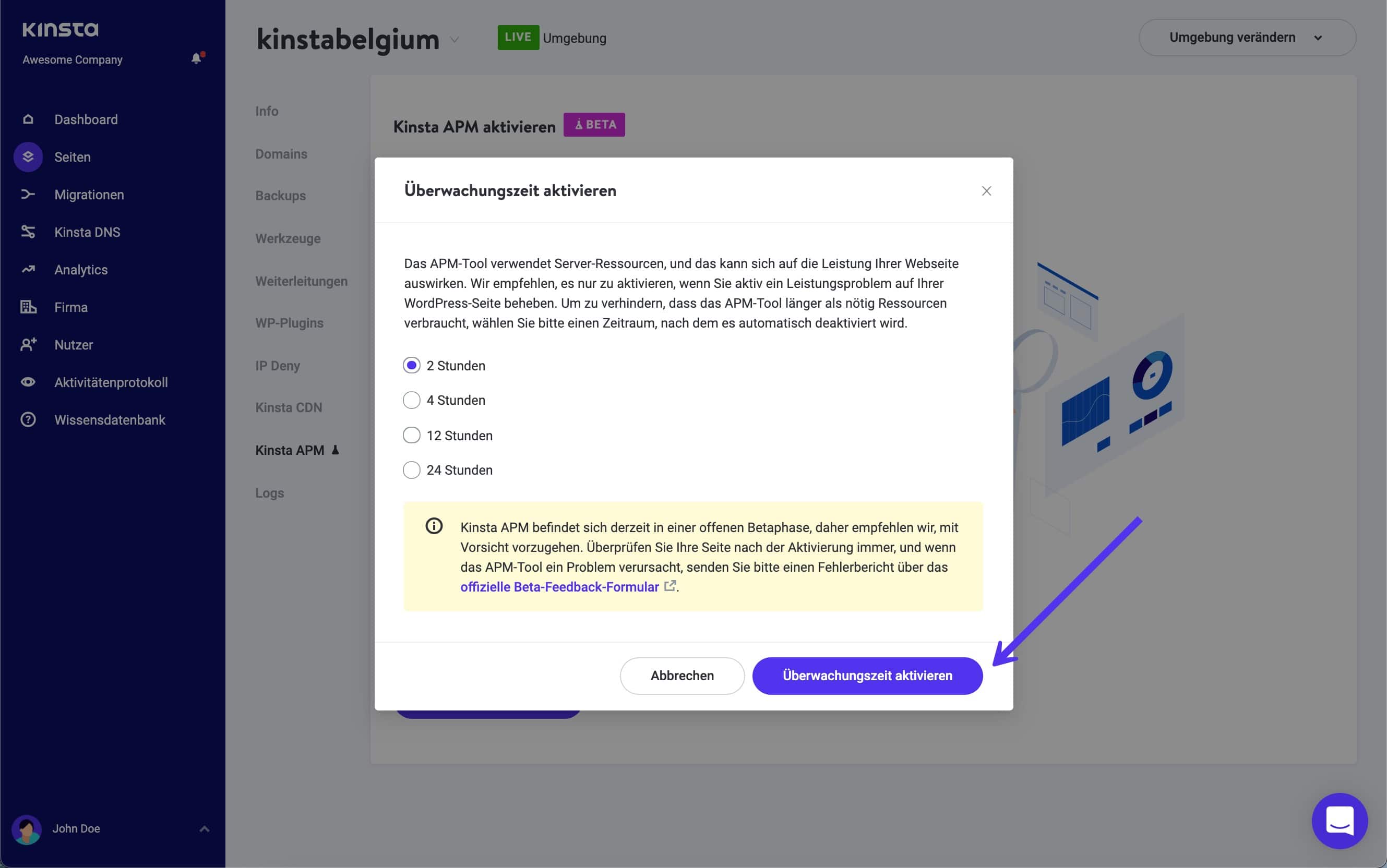 Ausgewählte Kinsta APM-Überwachungszeit.