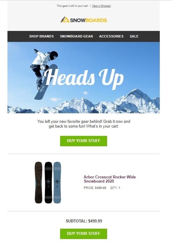 Snowboards.com - aufgegebener Warenkorb E-Mail