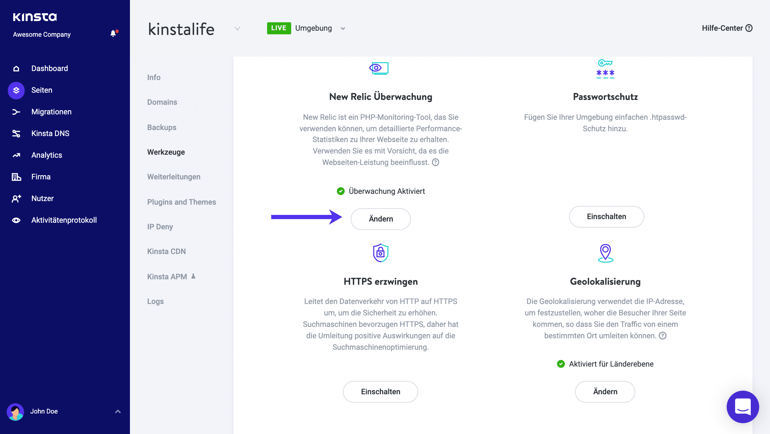 Aktiviere das New Relic Monitoring in MyKinsta.