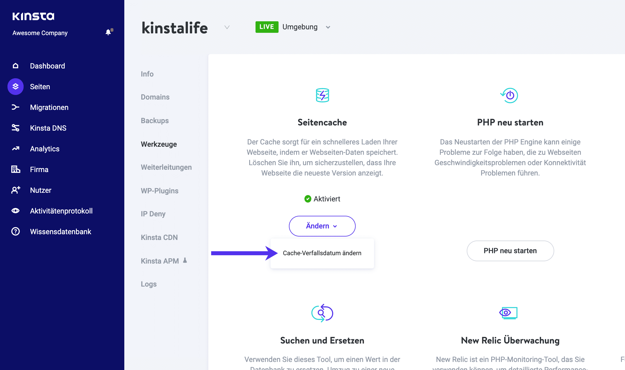 Option 'Cache-Ablauf ändern' in MyKinsta