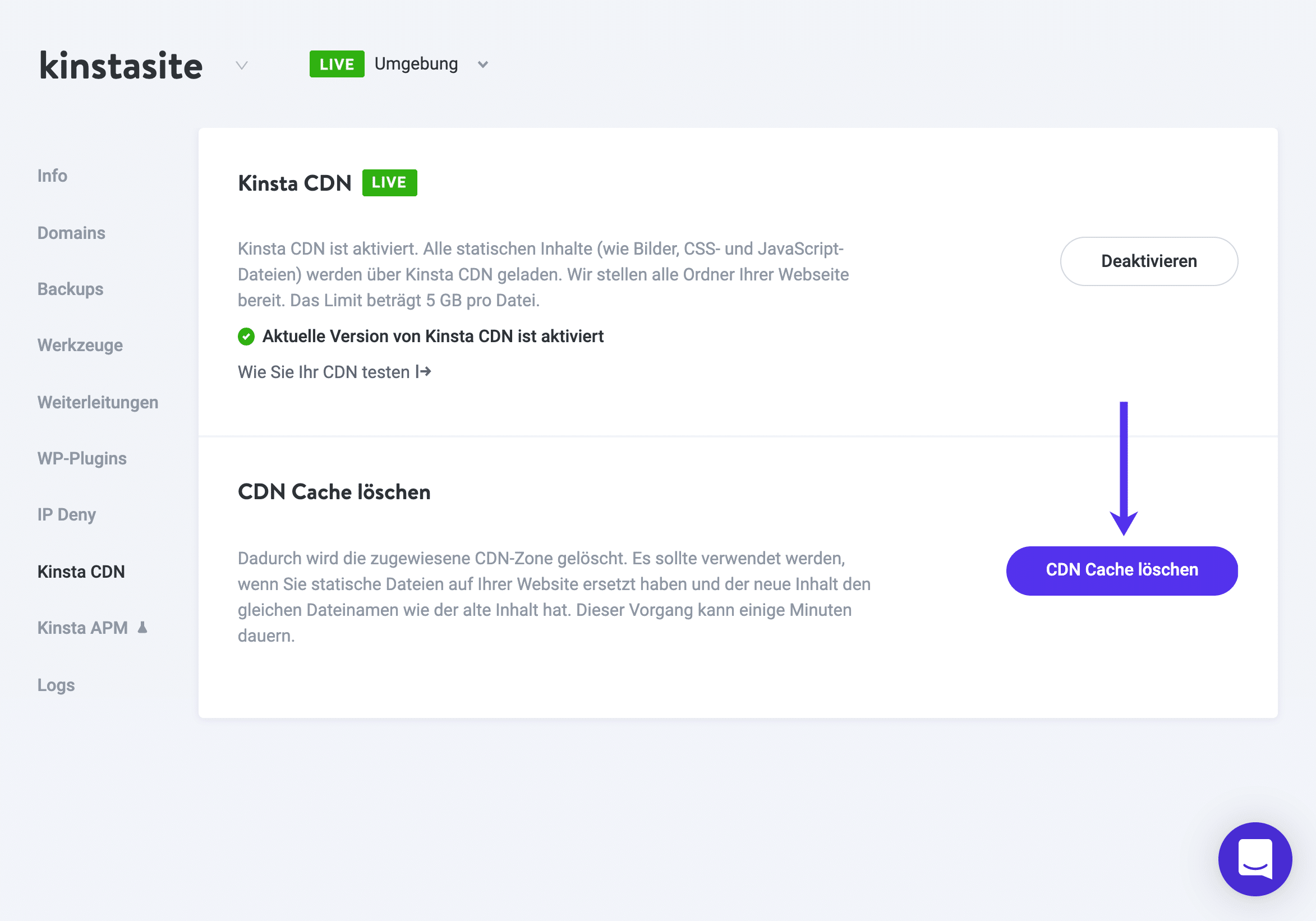 Clear CDN Cache' in MyKinsta Dashboard