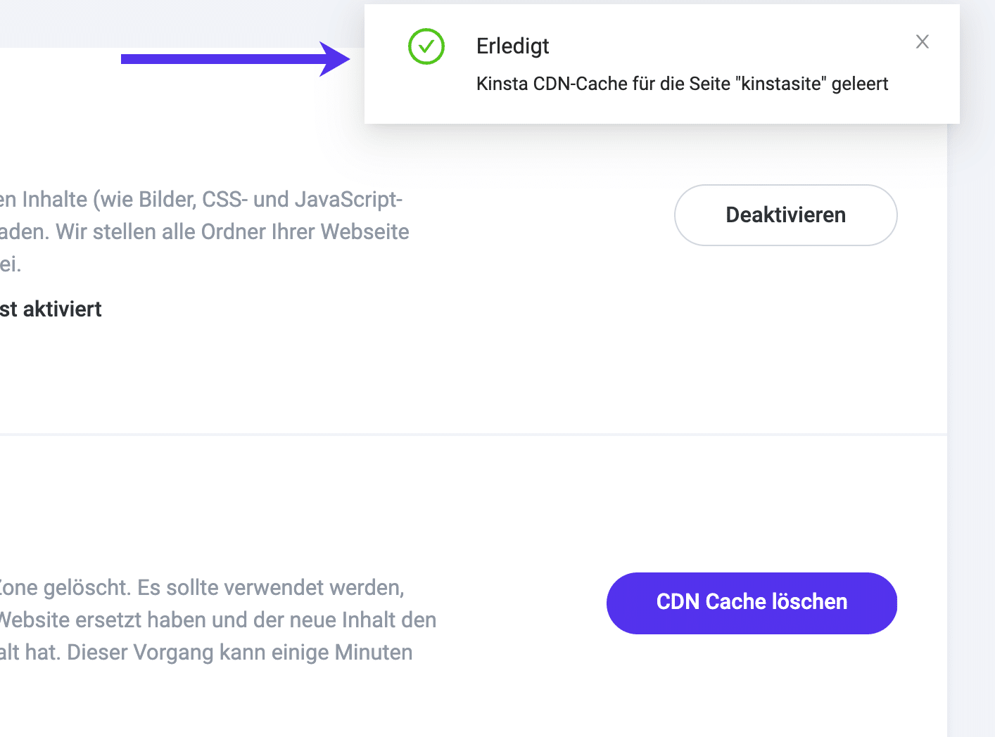 'Done' Nachricht nach dem Löschen des Kinsta CDN Cache