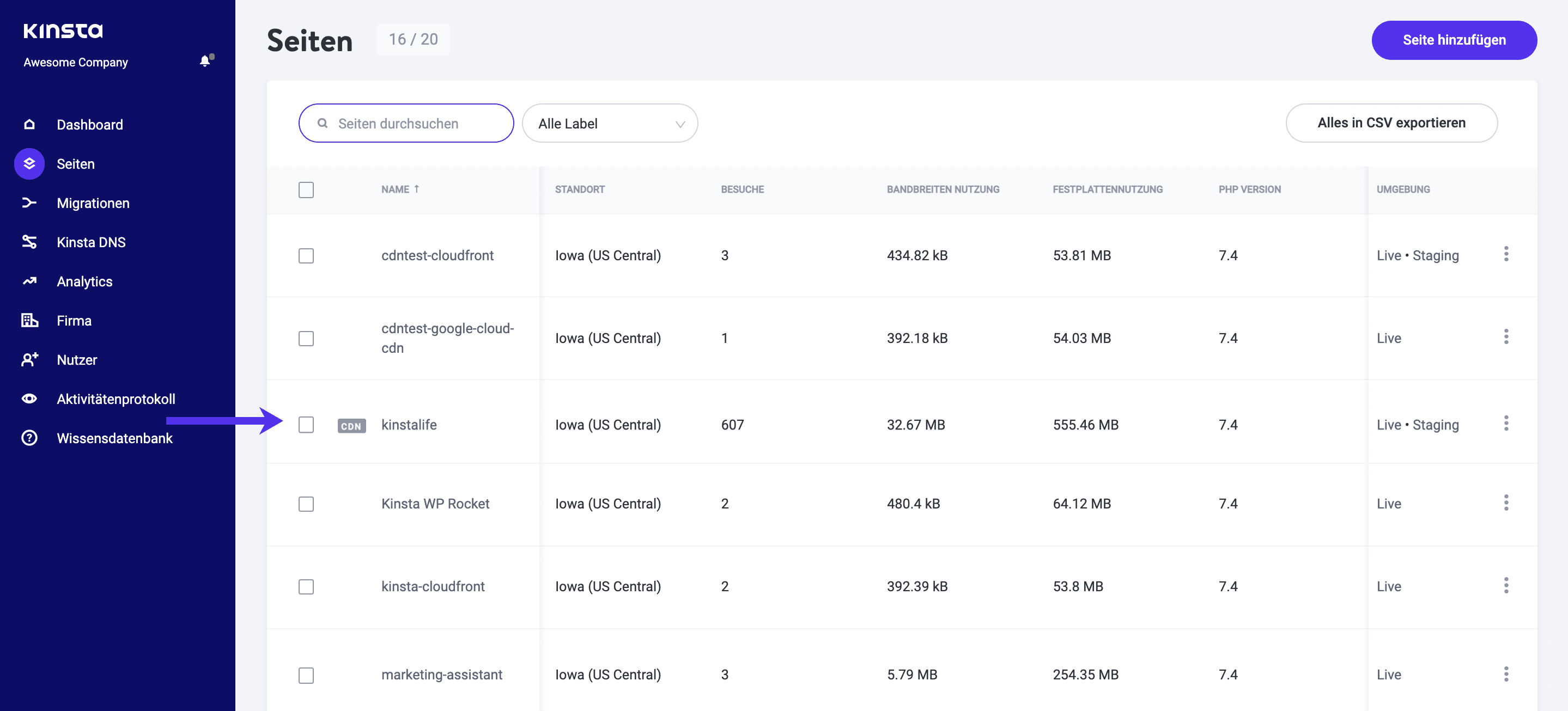 Wähle die Webseite aus, um den WordPress Cache zu löschen