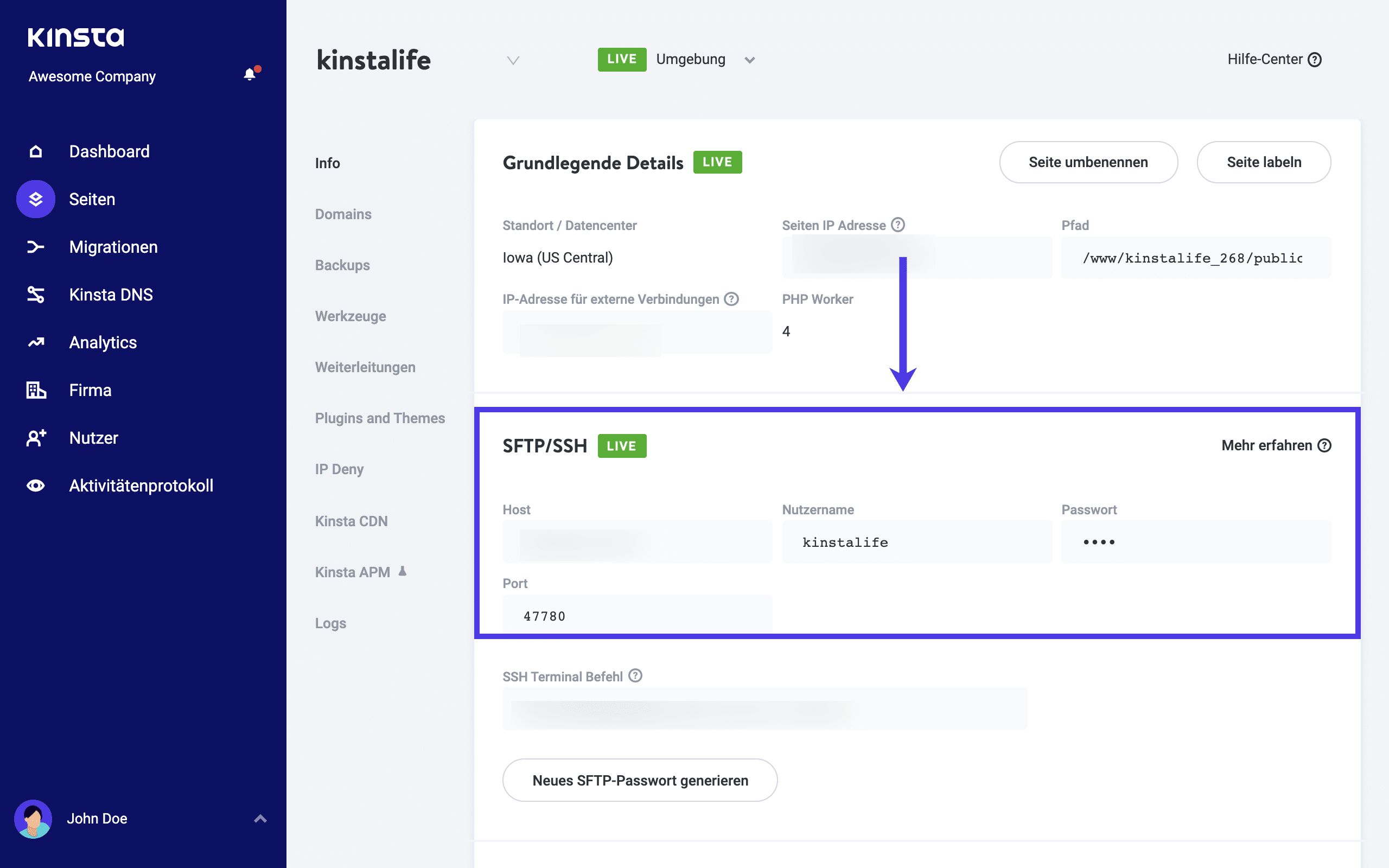 SFTP-Zugangsdaten unter dem MyKinsta Dashboard