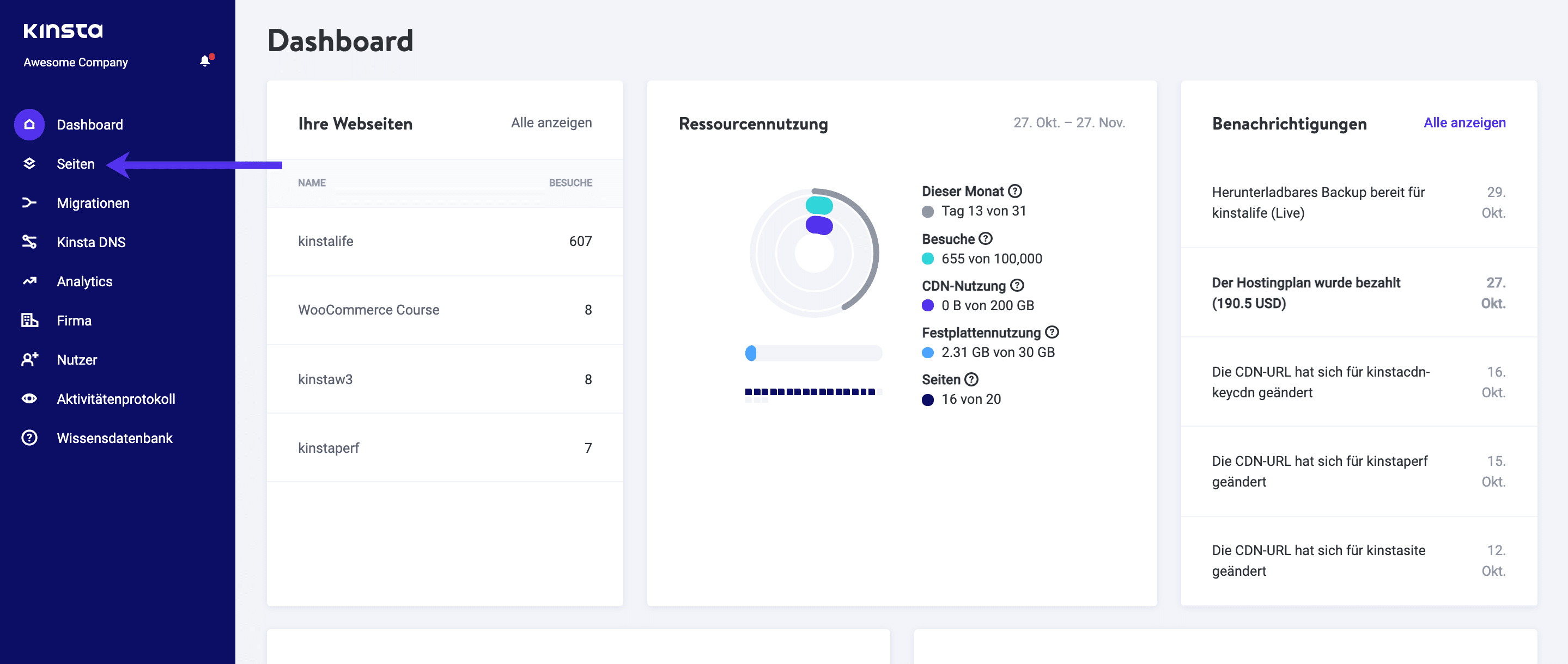 Klicke auf die Schaltfläche 'Sites', um den WordPress Cache in Kinsta zu löschen