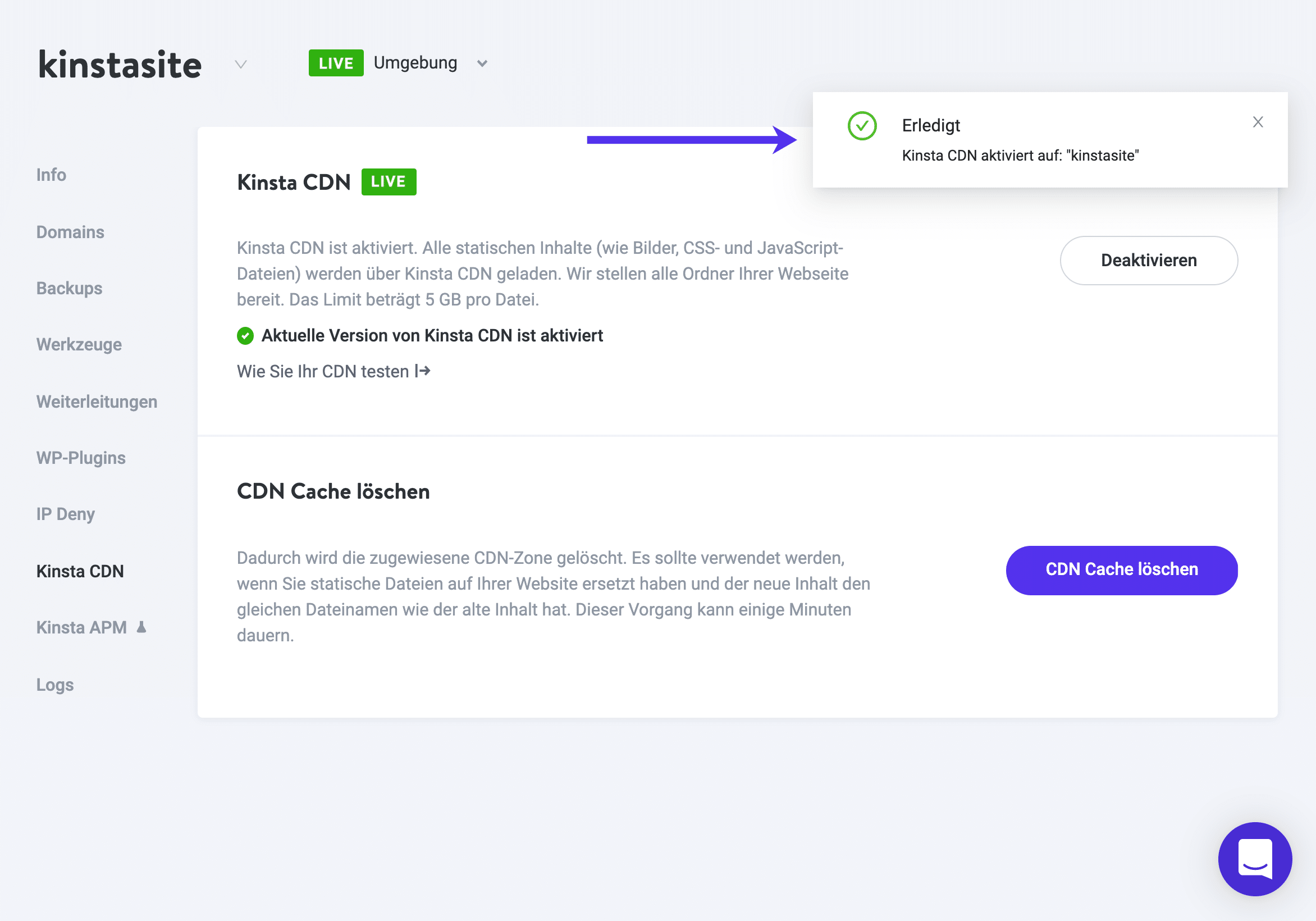 Erfolgreiche Aktivierung des Kinsta CDN