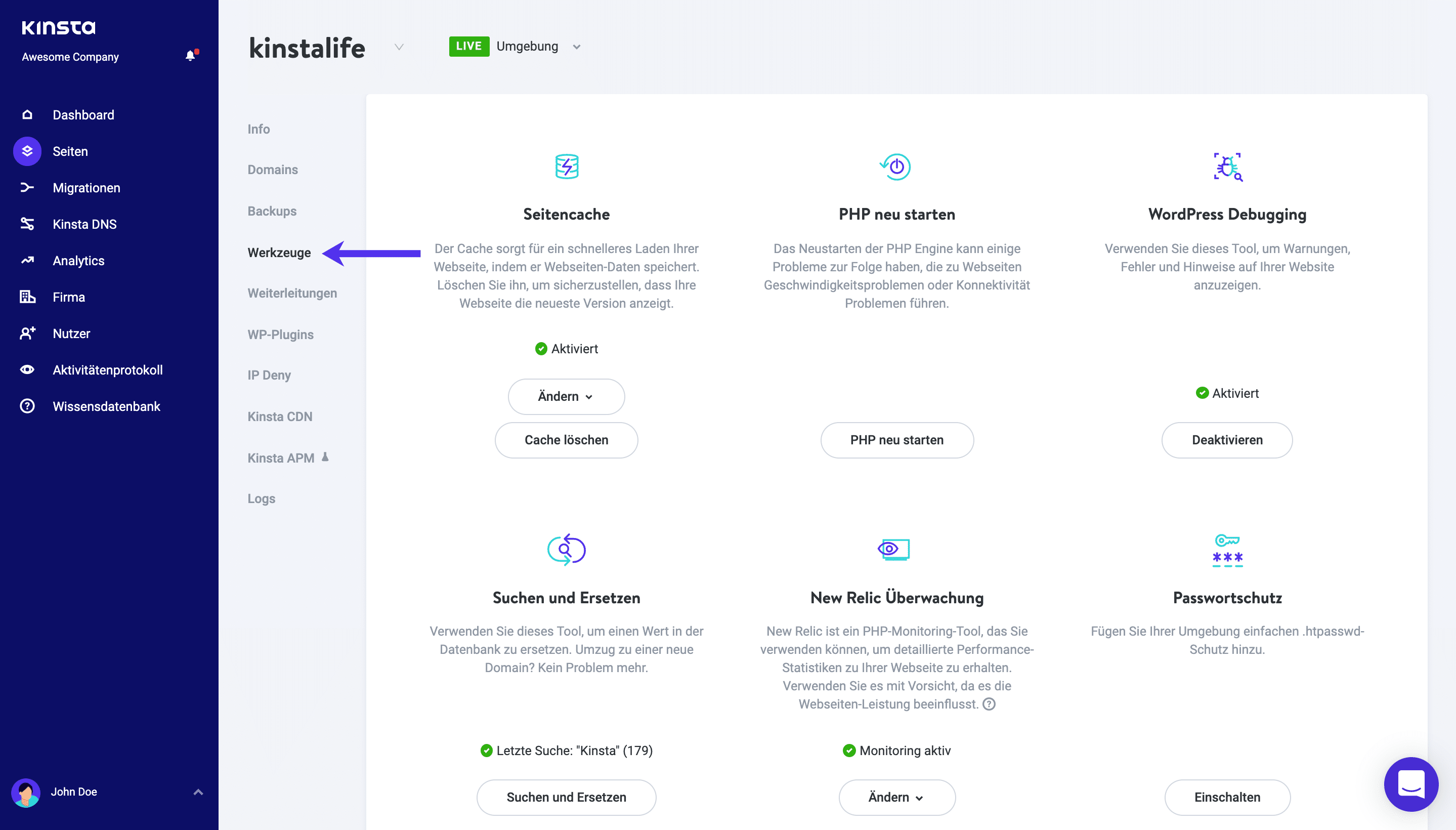 Panel 'Tools' im MyKinsta Dashboard, um den WordPress-Cache zu löschen