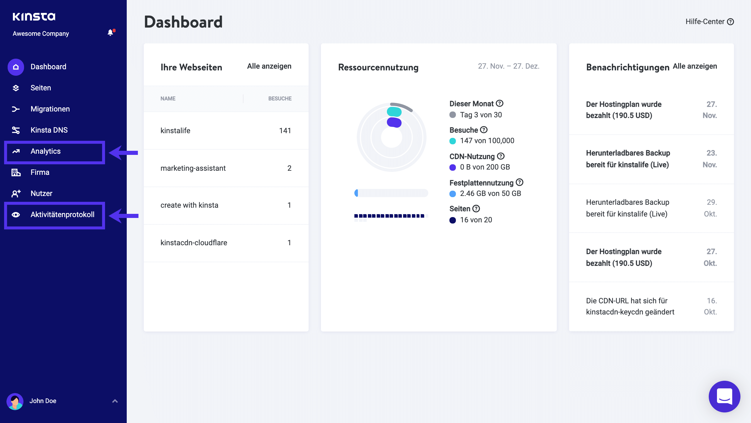 Die Menüpunkte Analytics und Activity Log in MyKinsta.