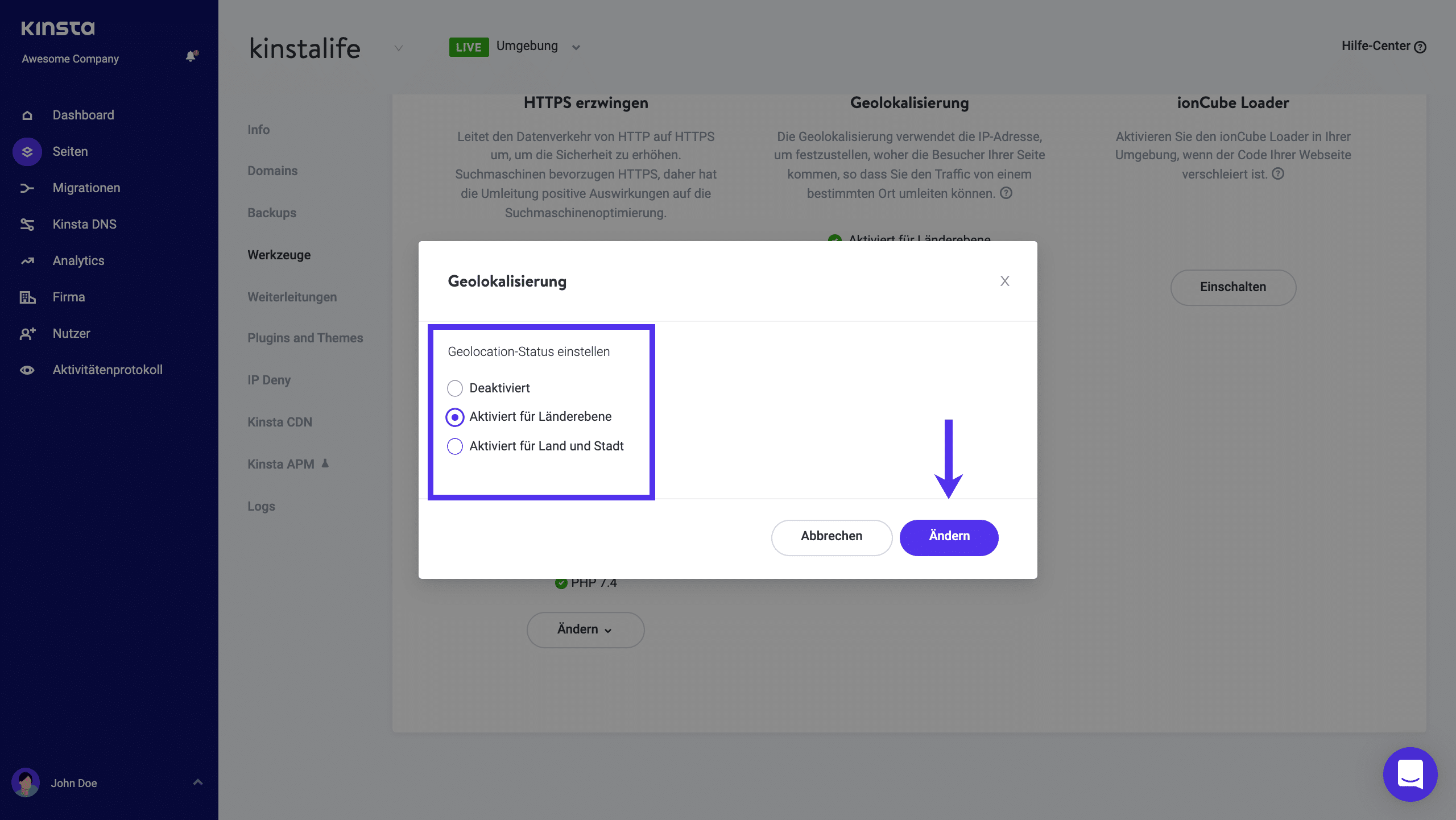 Aktivieren der Geolokalisierung in MyKinsta