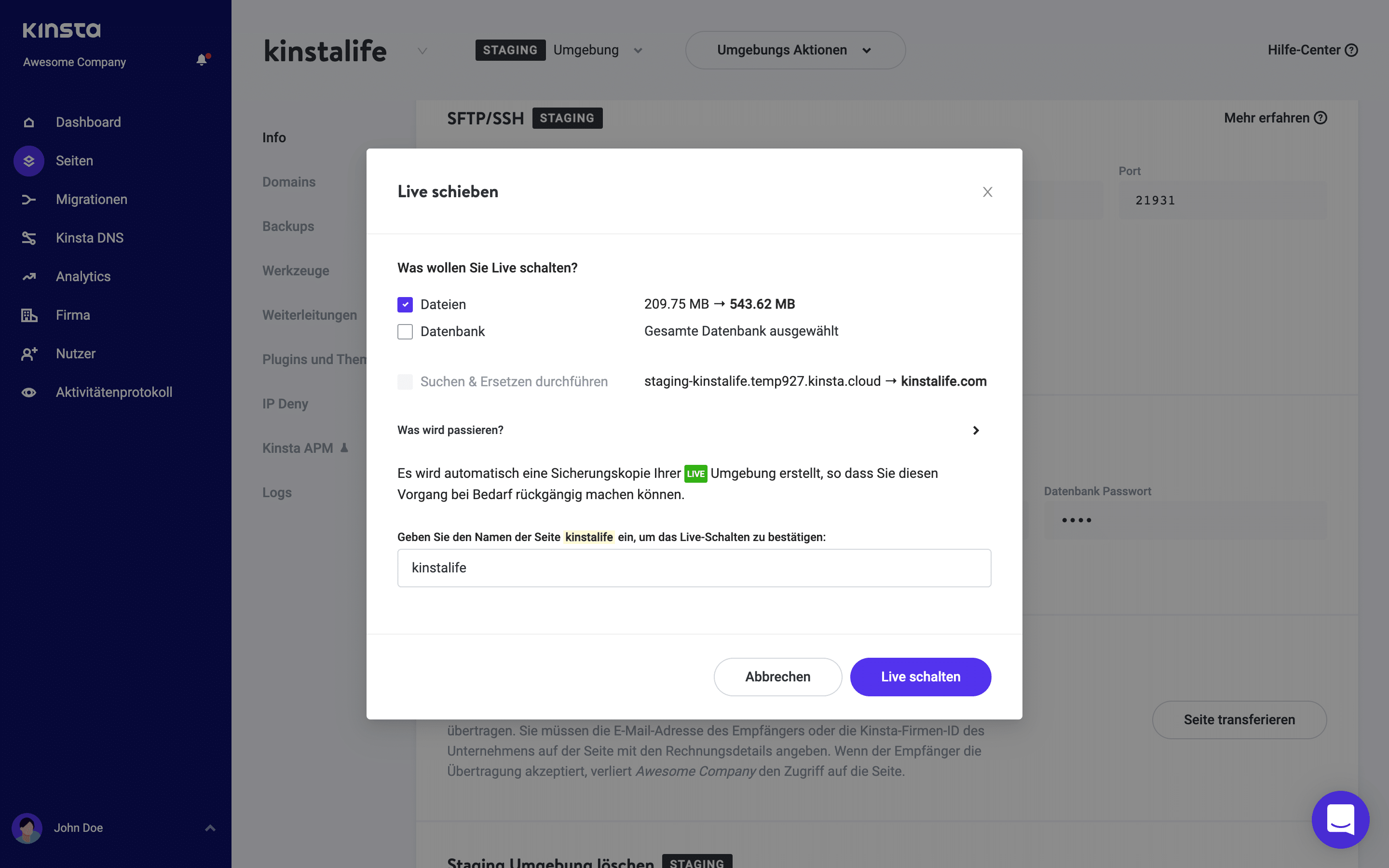 Verwende Selective Push, um Dateien von Staging nach Live zu übertragen.