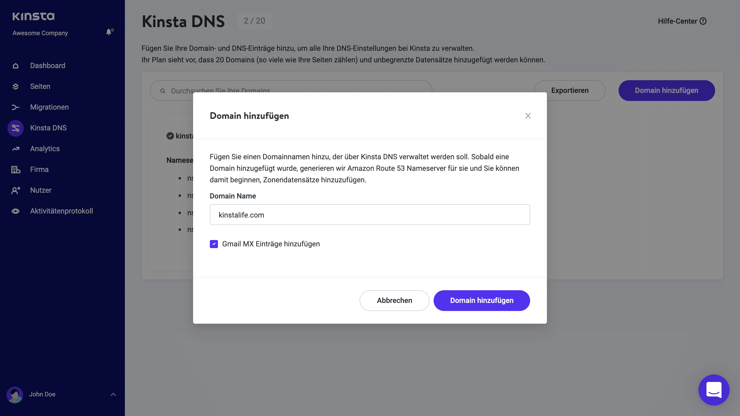 Füge deinen Domain-Namen zu Kinsta DNS hinzu.