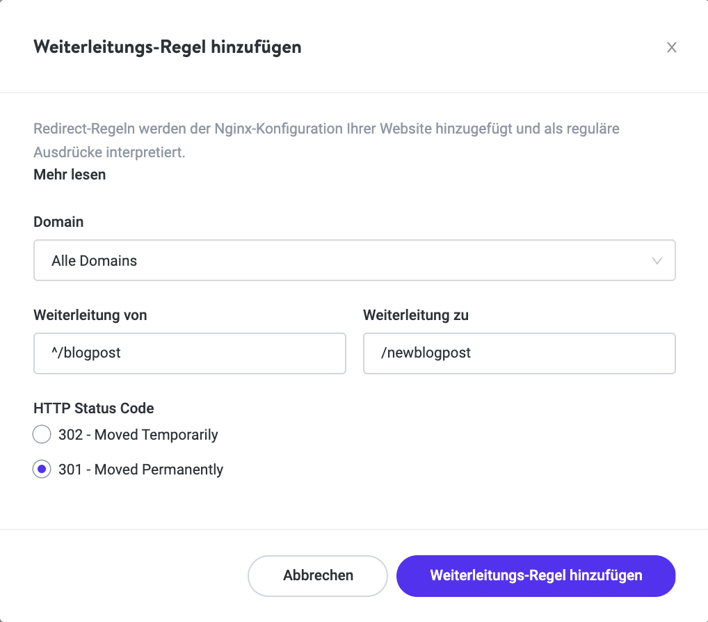 Füge Weiterleitungen in MyKinsta hinzu.