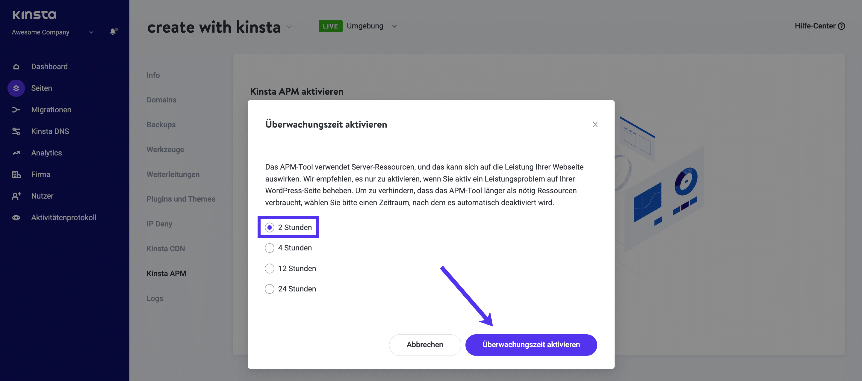 Wähle die Kinsta APM-Überwachungszeit und aktiviere sie.