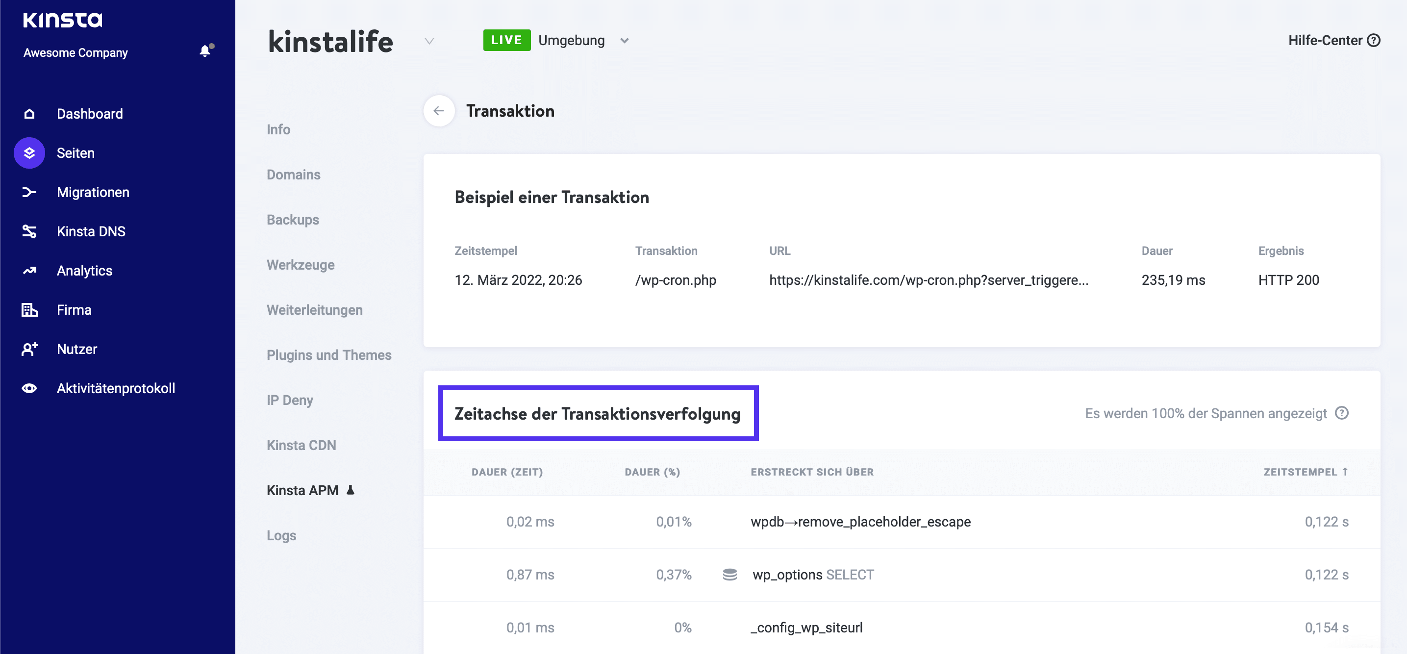 Die Transaktions-Trace-Zeitleiste im Kinsta APM-Tool.