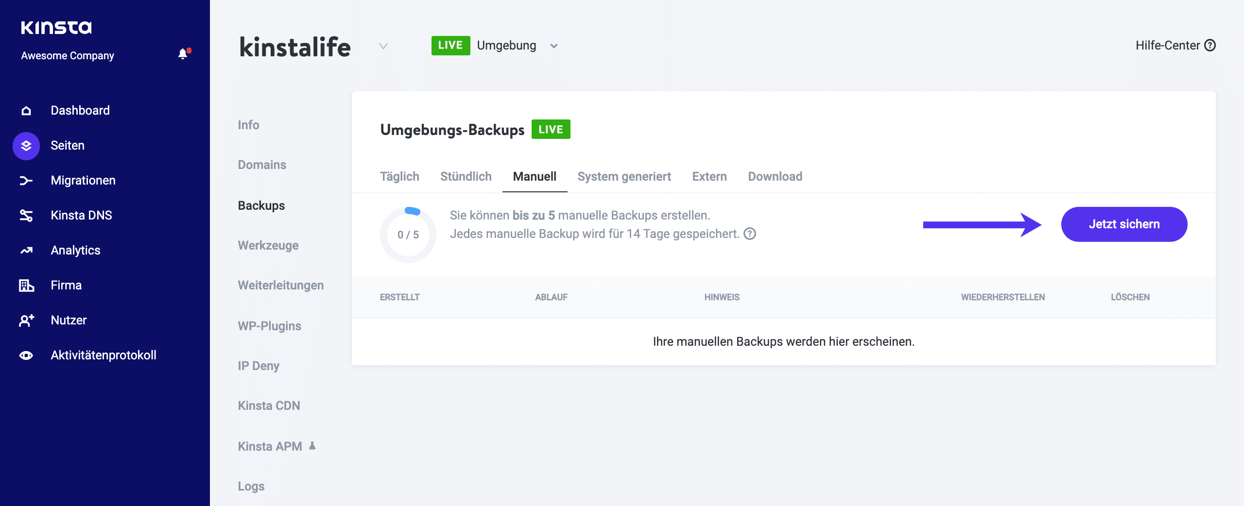 WordPress-Backups anlegen in MyKinsta.