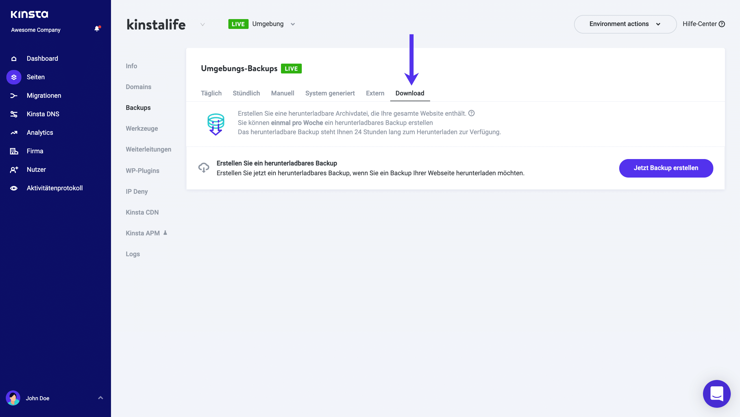Herunterladbare Backups in MyKinsta.