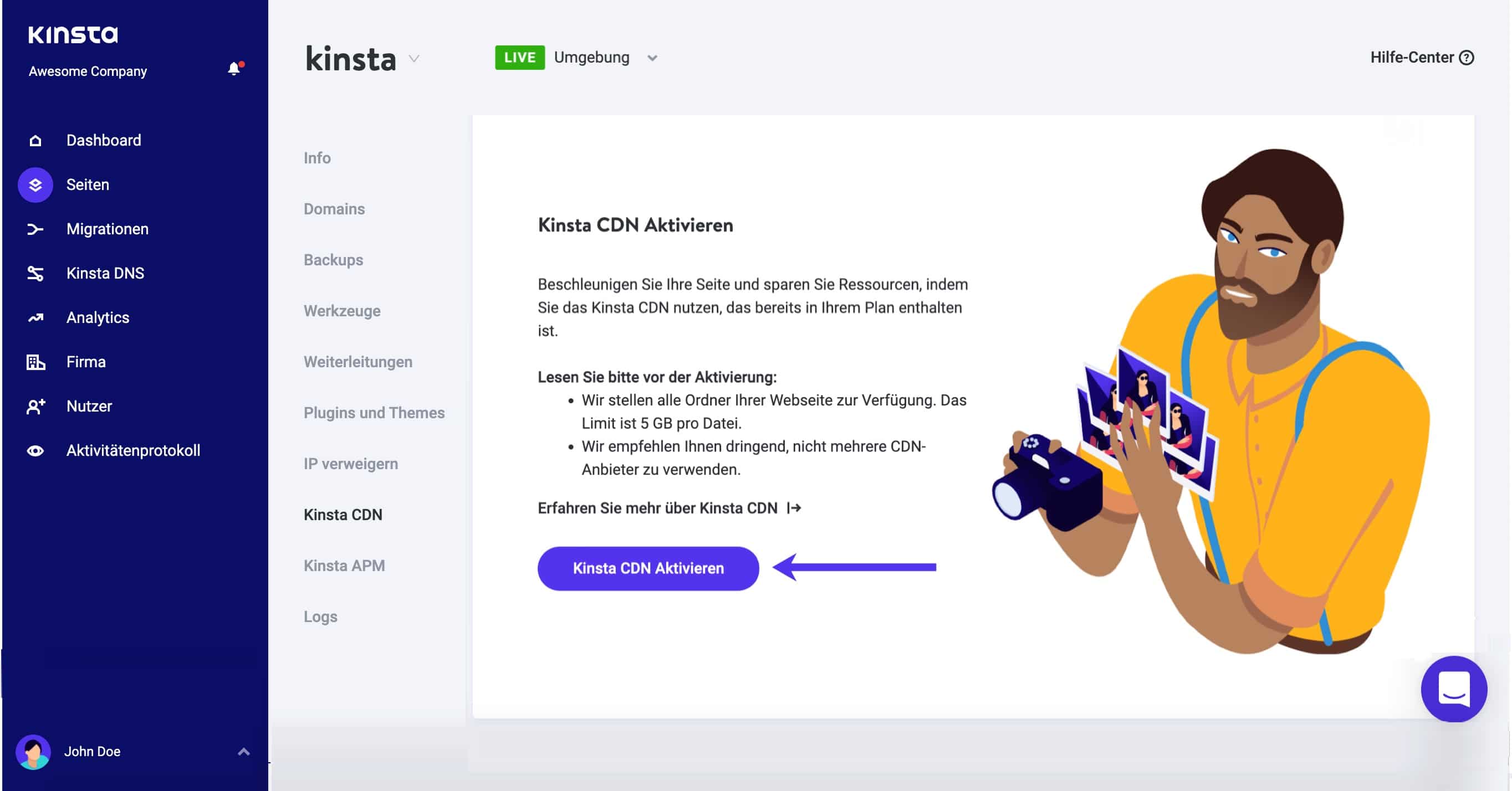 Aktiviere das Kinsta CDN in MyKinsta.