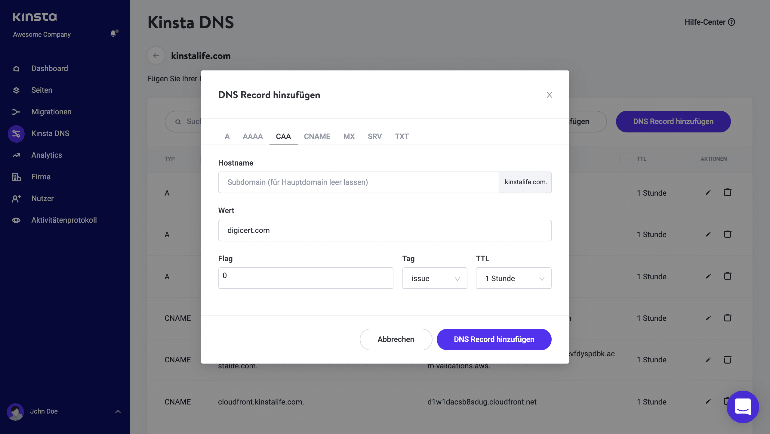 Füge einen CAA-Eintrag in Kinsta DNS hinzu.