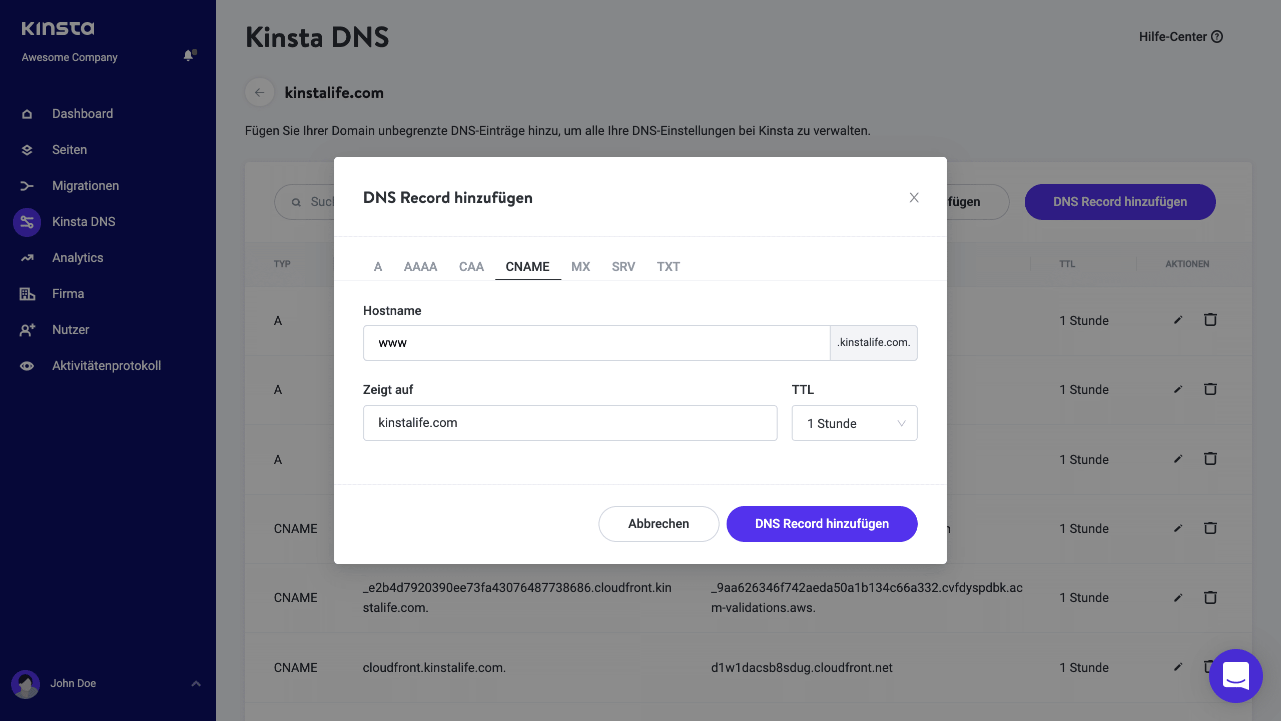 Füge einen CNAME-Eintrag in Kinsta DNS hinzu.