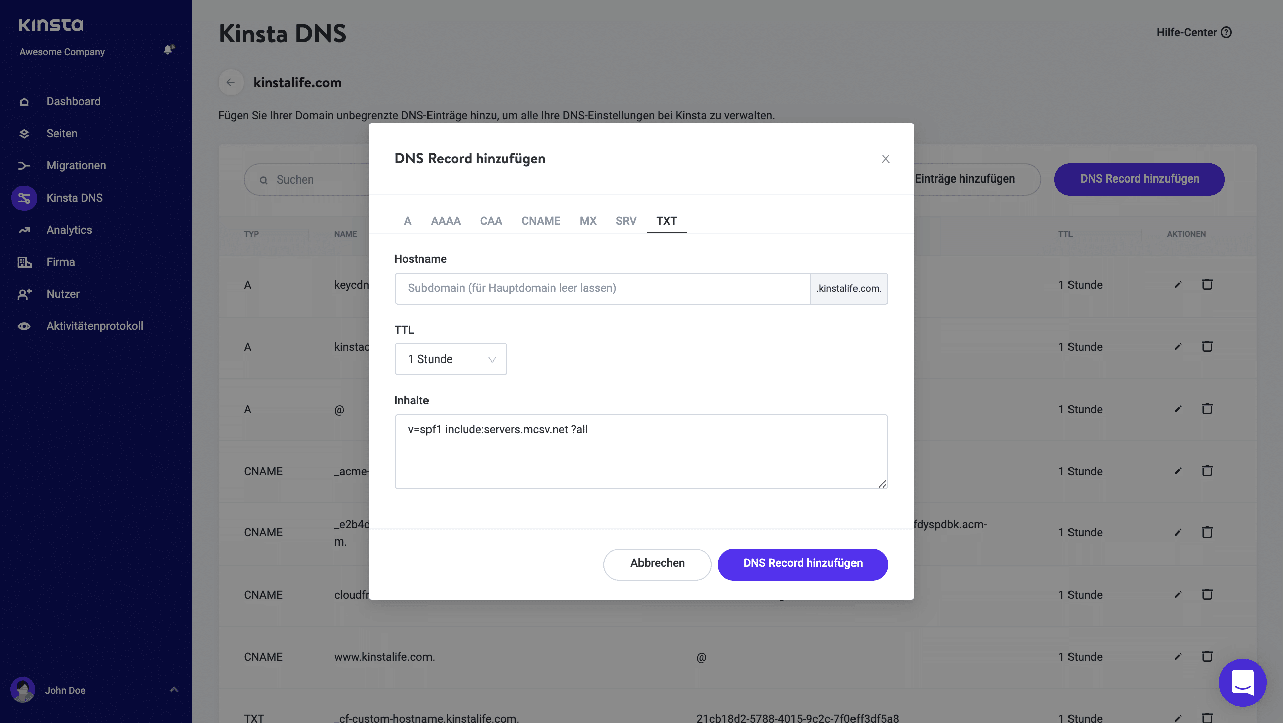 Füge einen SPF-Eintrag in Kinsta DNS hinzu.