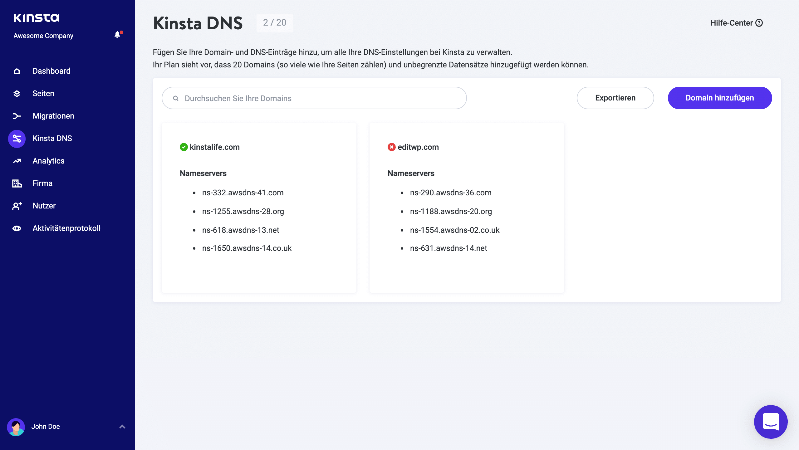 Kinsta DNS Nameserver in MyKinsta.