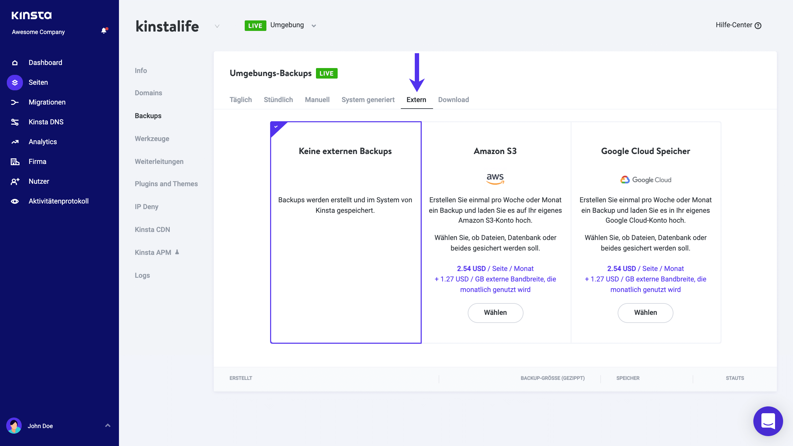 Aktiviere externe Backups in MyKinsta