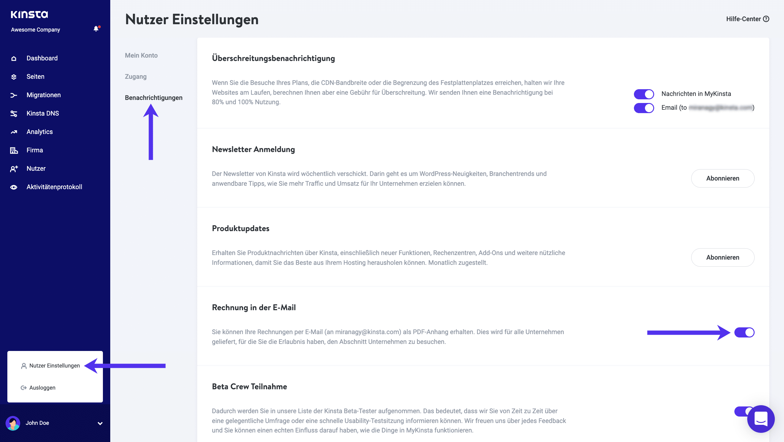 Aktiviere in MyKinsta die automatischen E-Mails mit den Rechnungen.